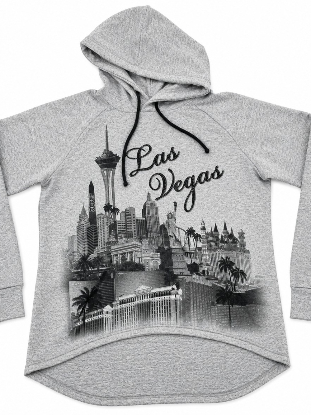 Women’s Gray Las Vegas Skyline Graphic Rhinestone Hooded Tunic Sweatshirt